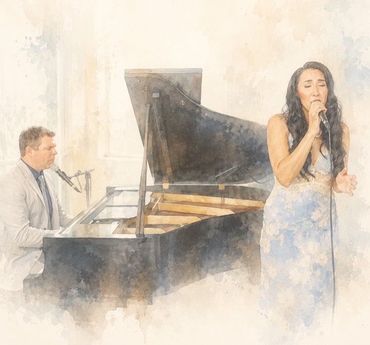 Watercolor illustration of Shay Avelina singing and Brian Wahlstrom at a grand piano